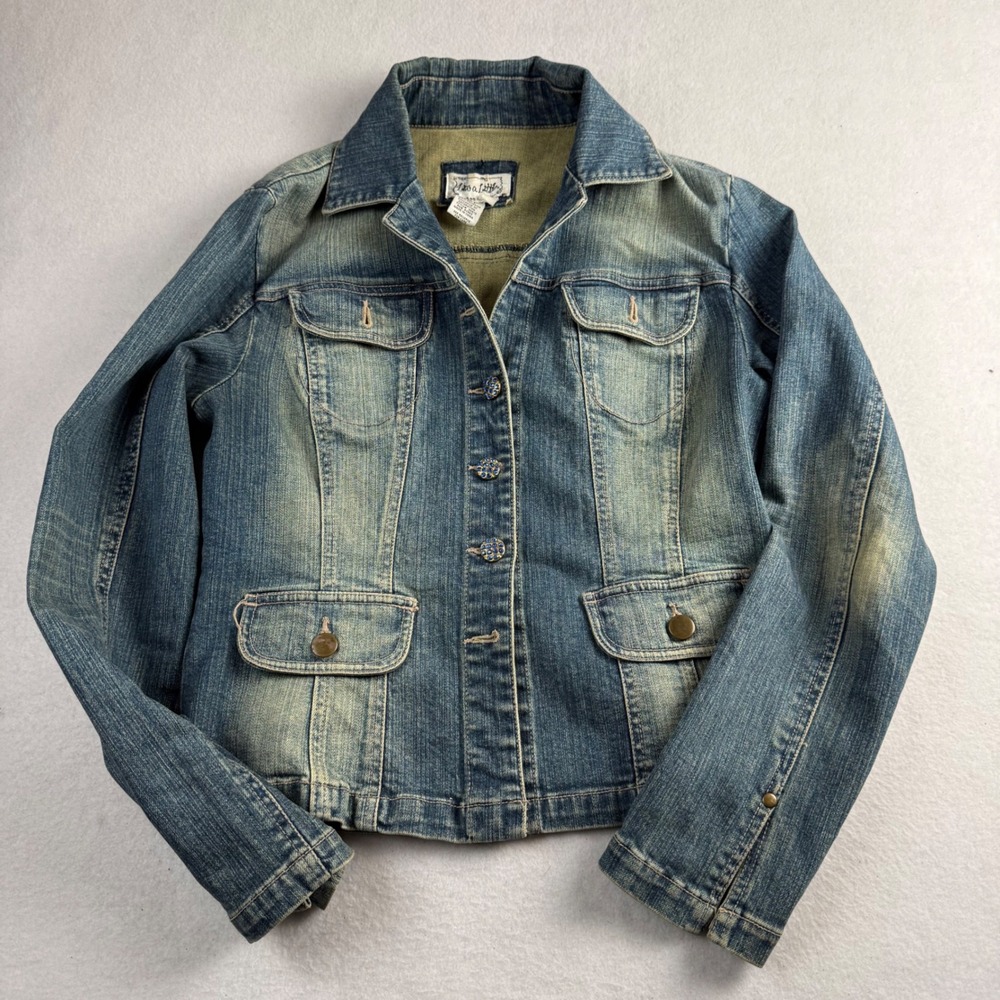 Live a Little Womens Denim Jacket Blue Rhinestone Button Paisley Tapestry Back S